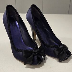 le chateau Navy Satin Peep-Toe Heels with Bow Accent